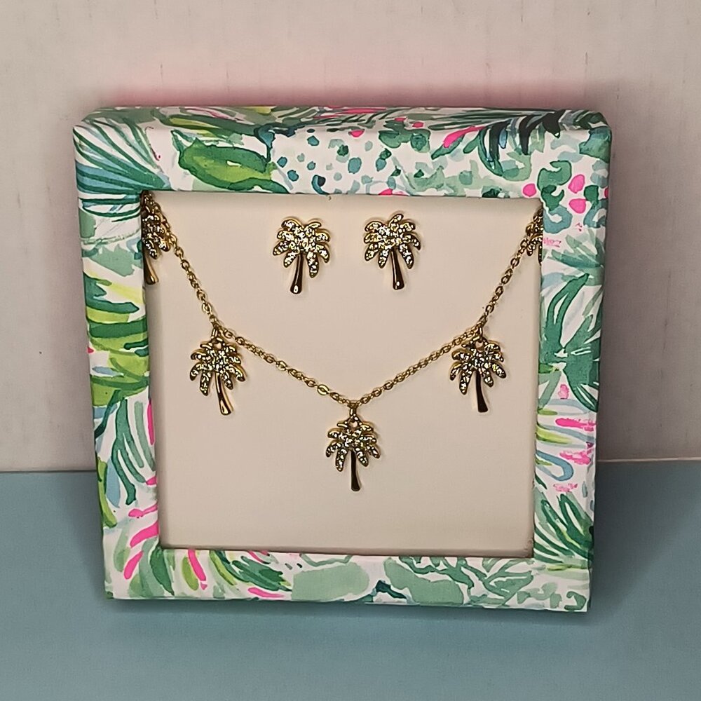 Lilly Pulitzer Sparkling Palm Trees Gift Set Necklace & Earrings Gold Tone - Picture 2 of 8